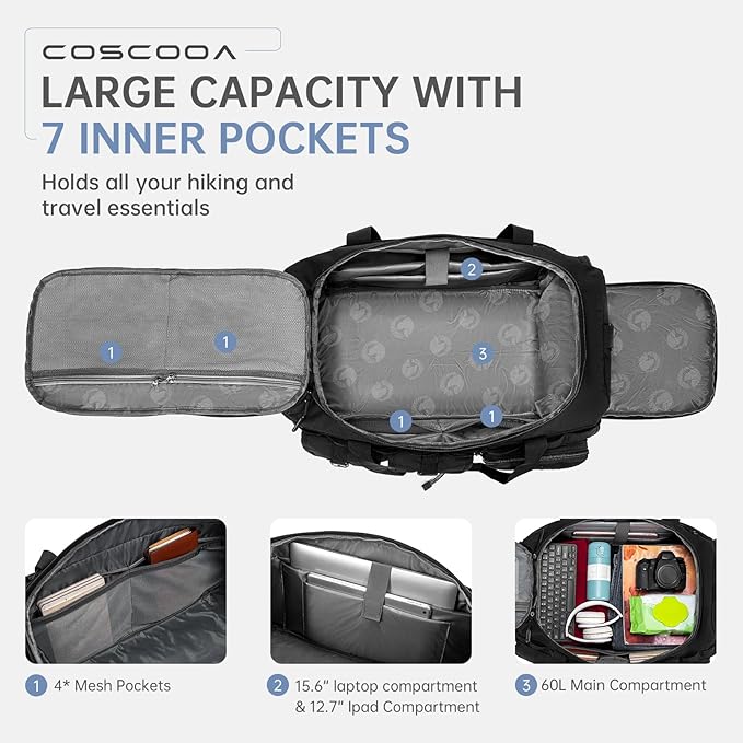 Gym Bags for Men with Shoe Compartment 60L Tactical Duffle Bag 3 in 1 Carry on Duffel Bag Travel Backpack Weekender Overnight Range Bag for Workout Football, Black
