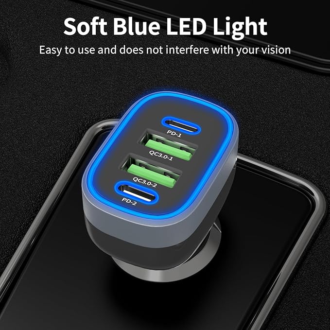 USB C Car Charger, Meagoes 4 Ports 90W Super Fast Charging, Dual 45W USBC & QC3.0 USB 12V Cigarette Lighter Adapter for iPhone 17 Air 16 15 iPad Tablet Google, Samsung S26 Android Type C Cell Phone