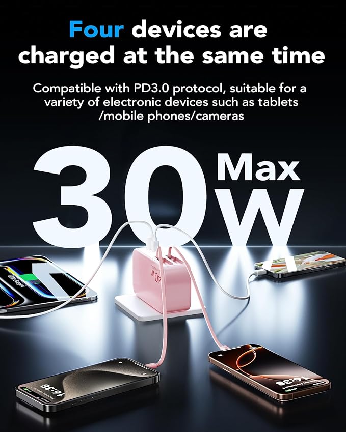 Retractable USB C Charger Wall Plug with 35.5in/90cm Type C Cables Cords,40W Fast Charging Foldable Block Multi Charger for All Devices for iPhone 17/16/15/14/13/12,iPad,Galaxy,Pixel