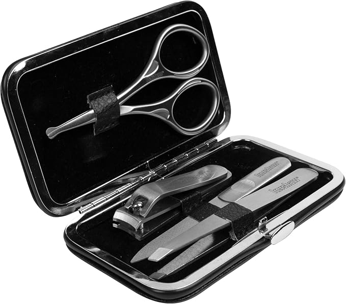 Kershaw Manicure Kit, 4-Piece Stainless Steel Set with Case, Mens Grooming Kits, Includes Fingernail Clipper, Double-Sided Nail File, Beard and Moustache Scissors and Tweezers