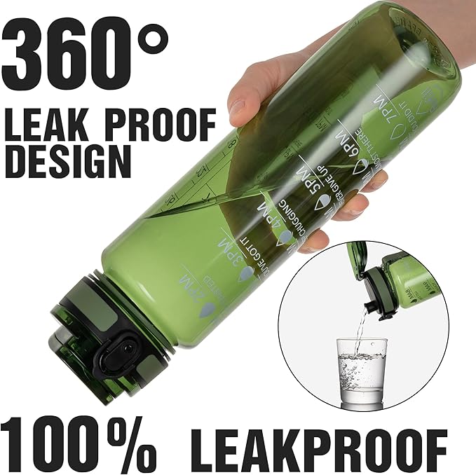 OLDLEY Water Bottle 32oz, Durable and Leakproof Water Bottles Motivational with Time Marker,Tritan,BPA Free, Gym,Travel, Home,School,Office, Anniversary Birthday Gifts for Men Women,Olive (1 Bottle)