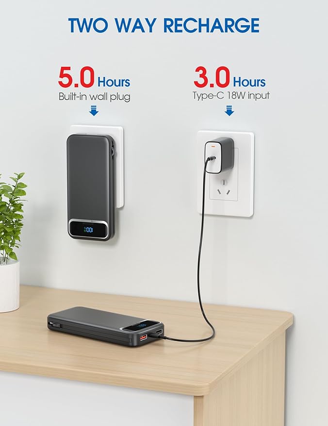 Portable Charger, 12000mAh 22.5W Fast Charging Power Bank with Built-in Cables & Wall Plug, USB C External Battery Pack with LED Display, Travel Essential Charging Bank for iPhone, iPad, Samsung Black