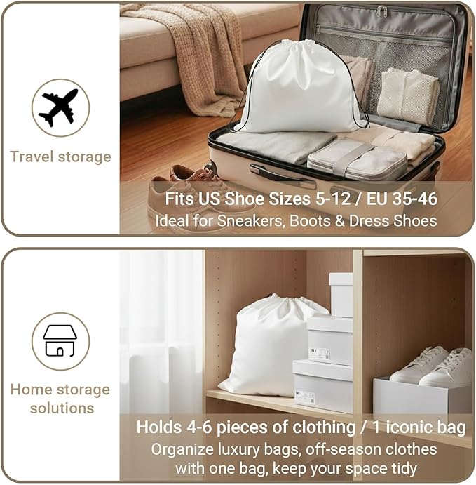 Q&J Fabric Co. 6 Pack Satin Dust Bags for Purses and Handbags - Purse Storage Organizer with Drawstring, Dustproof Travel Storage Pouches for Handbags, Shoes, Boots & Clothes (15.7"x19.7", White)