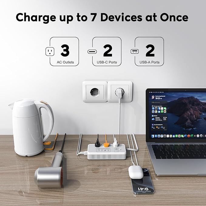 Mapambo 2000W 220V to 110V Converter for Hair Dryer, Voltage Converter US to Europe, Converter for European Travel with 2 USB-C 2 USB-A, Universal Travel Adapter with Type C G I L (Gray)