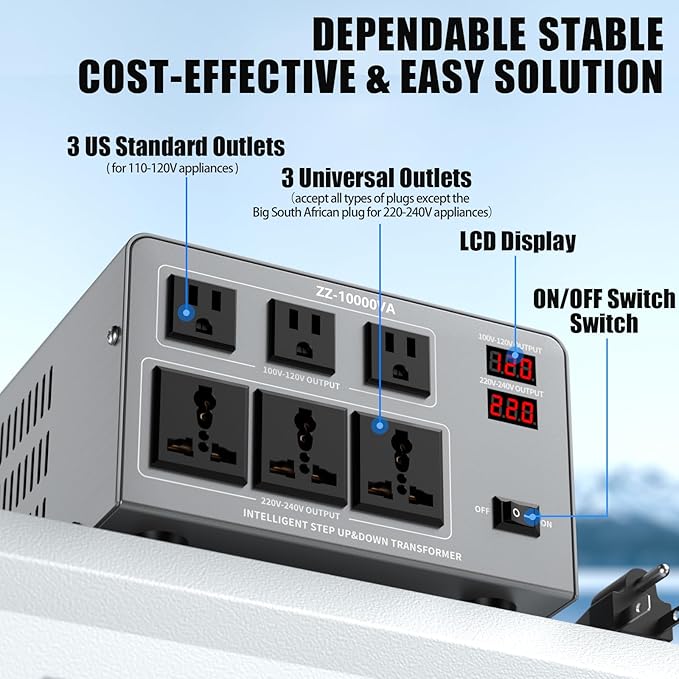 10000W Voltage Converter Transformer Step Up/Down 110V/120V to 220V/240V, Auto Voltage Recognition, Heavy Duty Power Converter with 6 Outlets, LCD Display & Circuit Breaker for Home, International Use