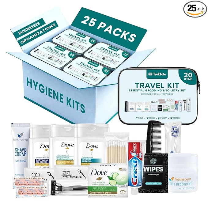 20 Piece Hygiene Kit Bulk, Travel Size Toiletries Set, Care Package Supplies, Mini Deodorant Shampoo Body Wash Toothbrush Toothpaste Razor Kit, TSA Approved, Clear Bag