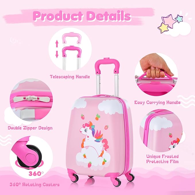 BABY JOY 2 Pcs Kids Luggage Set, 16" Toddlers Carry-on Suitcase & 12" Backpack Set, Children Travelling Case w/ 4 Casters, Retractable Handle, Lightweight Trolley Case for Girls Boys (Cloud Pony)