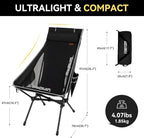 TOBTOS Portable High Back Camping Chair, Support 440 lbs, Ultralight Folding Chair with Head Support, Compact Backpacking Chair for Outdoor Camp Backpacking Fishing (Black)