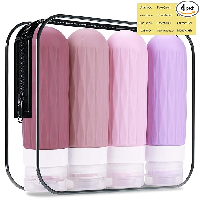 Travel Bottles for Toiletries, Travel Size Toiletries, TSA Approved 3oz Size Toiletry Containers, Leakproof & Refillable Silicone Bottles for Shampoo Conditioner(Purple)