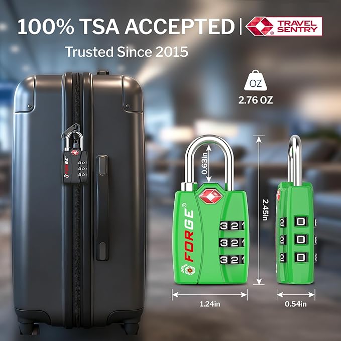 Forge Open Alert TSA Approved Luggage Locks - 3 Digit Combination, Easy Read Dials, Zinc Alloy Body - Ideal Travel Lock for Luggage, Suitcases, Bags & Toolboxes (Green 4PK)