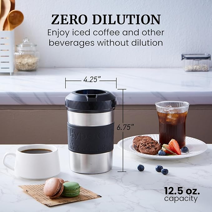 The Original but NEW Stainless-Steel HyperChiller HC2SS Patented Iced Coffee/Beverage Cooler Ready in One Minute, Reusable for Iced Tea, Wine, Spirits, Alcohol, Juice, 12.5 oz, Stainless Steel