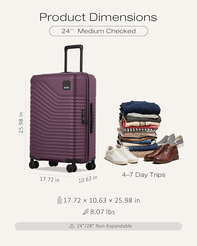 Coolife Hardside Luggage Upgrade Durable PC Lightweight Travel Suitcases with Dual Spinner Wheels & TSA Lock (Dark Purple, Checked-Medium 24-Inch)
