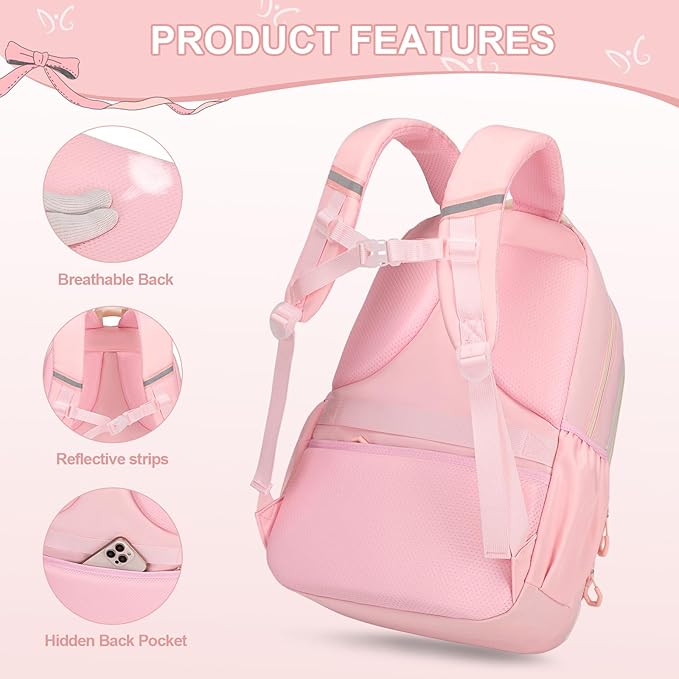 DIGOBAY Backpack for Girls, 3PCS Girls Backpack for School with Lunch Bag Pencil Case, Cute Kids Teens Bookbag for Kindergarten Elementary Preschool Middle School (Pink)