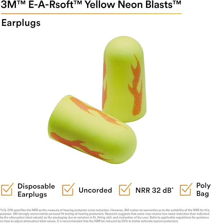 3M Ear Plugs, 200 Pairs/Box, E-A-Rsoft Yellow Neon Blasts 312-1252, Uncorded, Disposable, Foam, NRR 33, Drilling, Grinding, Machining, Sawing, Sanding, Welding, 1 Pair/Poly Bag
