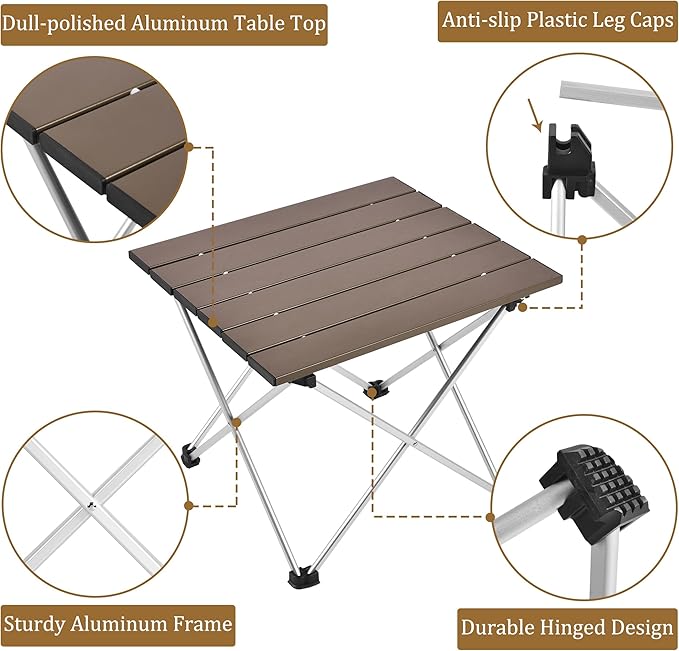 Grope Small Folding Camping Table with Aluminum Table Top, Beach Table for Sand with Carrying Bag,Prefect for Outdoor, Picnic, BBQ, Cooking, Festival (Coffee-M)