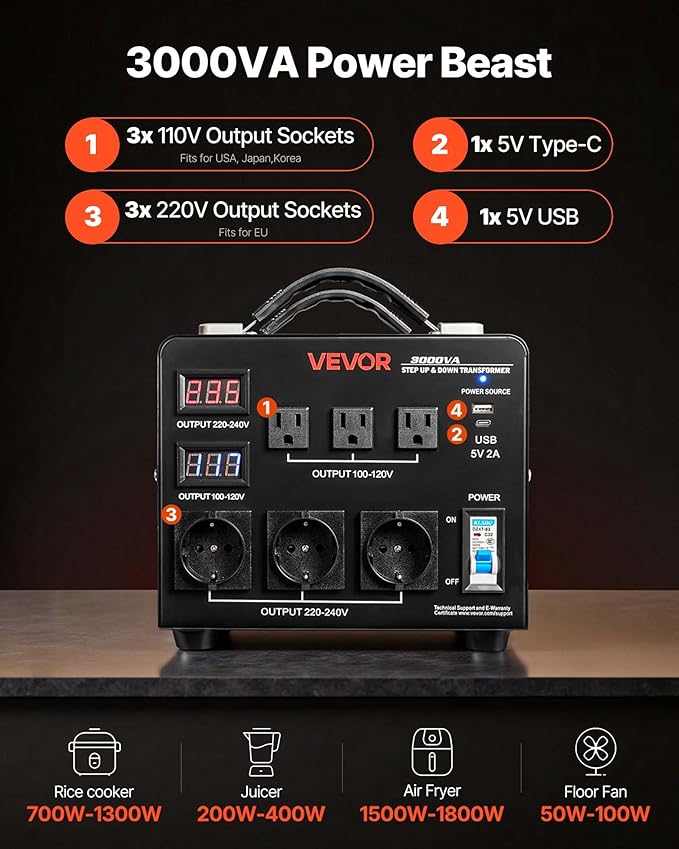 VEVOR Voltage Auto Converter Transformer, 3000VA, Heavy Duty Step Up/Down Power Transformer, 110V to 220V and 220V to 110V, with 3 US Outlets, 3 EU Outlets, LCD Display, Circuit Breaker Protection