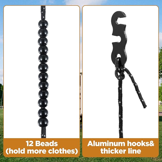 Camping Clothesline Compact Portable Travel Clothes Line Non-Scratch, Heavy Duty Buckle System with 24 Beads for Outdoor Camping, Cruise Ships, Indoor Backyard, Balcony(Dark Gray, 9.84Ft)