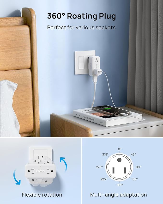 TROND 2 Pack 360 Rotating Outlet Extender, 4 AC Plug Adapter with 900 Joules Surge Protection, 3 Way Charging Station, Multi Plug Wall Outlet for Home Office Travel Dorm Essentials, White