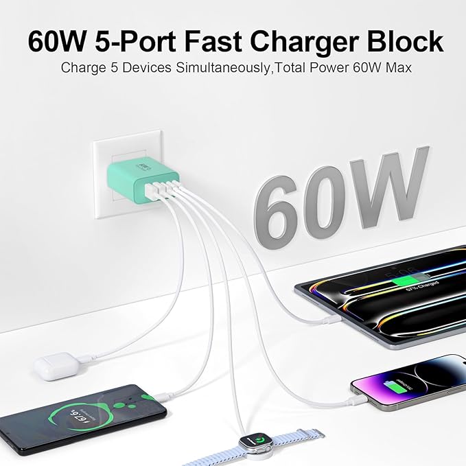 USB C Charger Block, 60W 5-Port Type C Charger Fast Charging Block, USBC USB Multiple Port Wall Charger Plug Adapter for iPhone 17/Air/16/15/14/13/12/11 Pro Max, Samsung Galaxy, iPad, Tablet (Green)