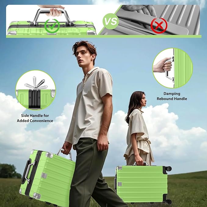 Krute Carry On Luggage 20 inch Aluminum Frame Luggage with Spinner Wheels Hardshell No Zipper PC+ABS TSA Lock Zipperless Suitcases Green