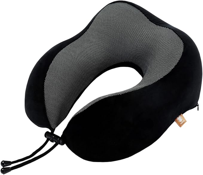 Memory Foam Travel Pillow, Neck Pillow with 360-Degree Head Support, Comfortable Ideal for Sleeping on Airplane, Car, Train, Bus and Home Use, Comes with Storage Bag (Black)