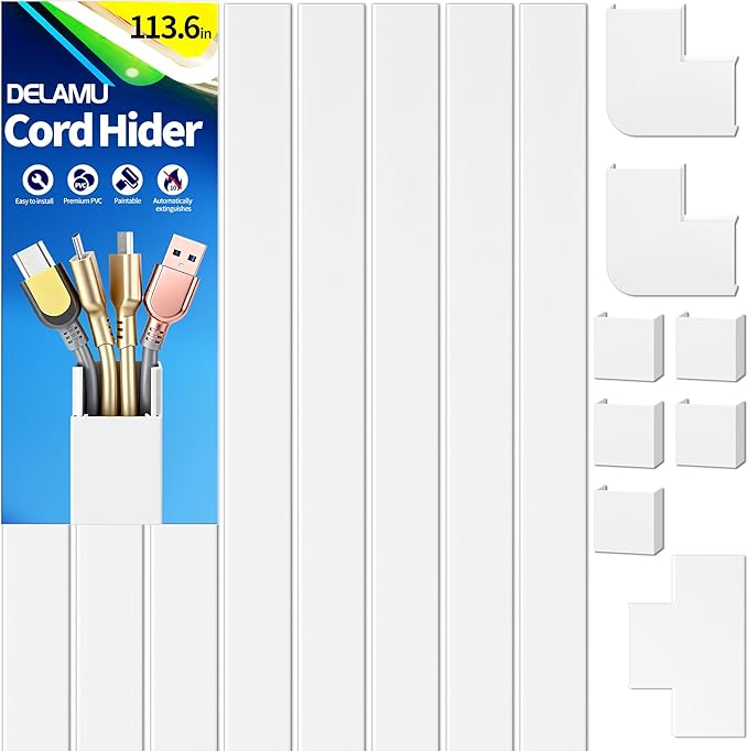 Delamu Cord Hider for Wall Mounted TV, 113.6in Paintable Cable Cover System, Self-Adhesive Cable Management Raceway Kit Hides 3-4 Wires, Baseboard Wire Hider Easy Installation, W 1.18 H 0.60in, White