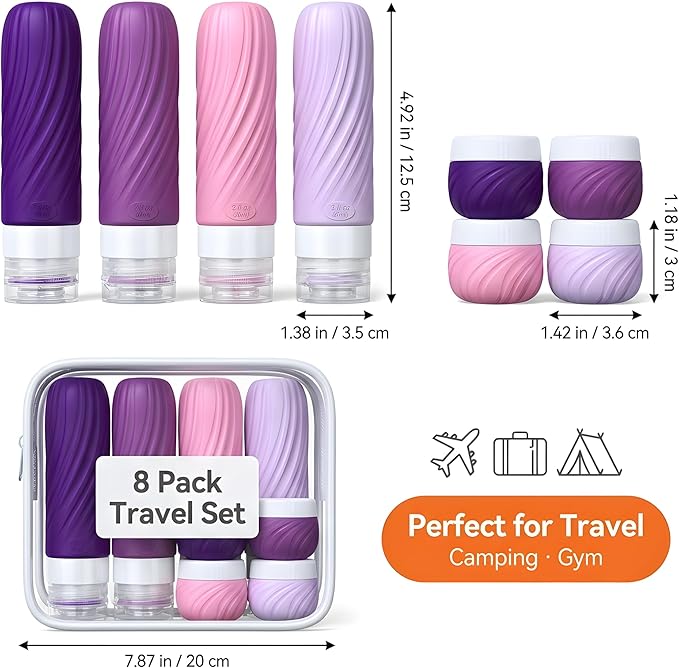Travel Bottles for Toiletries 8 Pack: TSA Approved 3oz Leak Proof Containers - Silicone Squeezable Bottles for Shampoo Lotion - Travel Essentials for Women Men with Clear Bag (deep red)