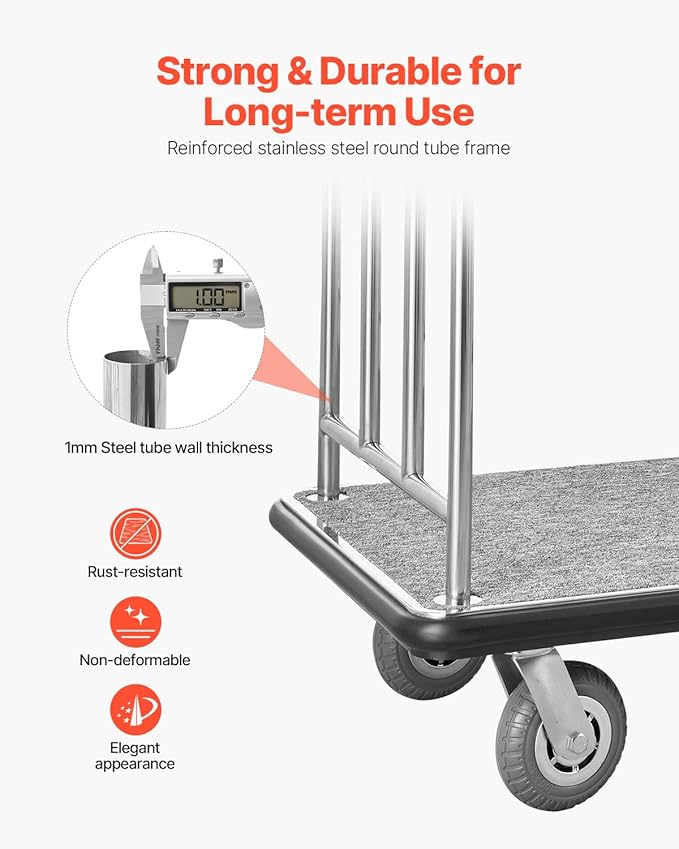 VEVOR Hotel Luggage Cart, Brushed Stainless Steel Finish Bellman's Cart, Valet Cart with Grey Carpeted Deck and 6-inch Rubber Wheels, Ideal for Hotels, Condos, Resorts, Silver