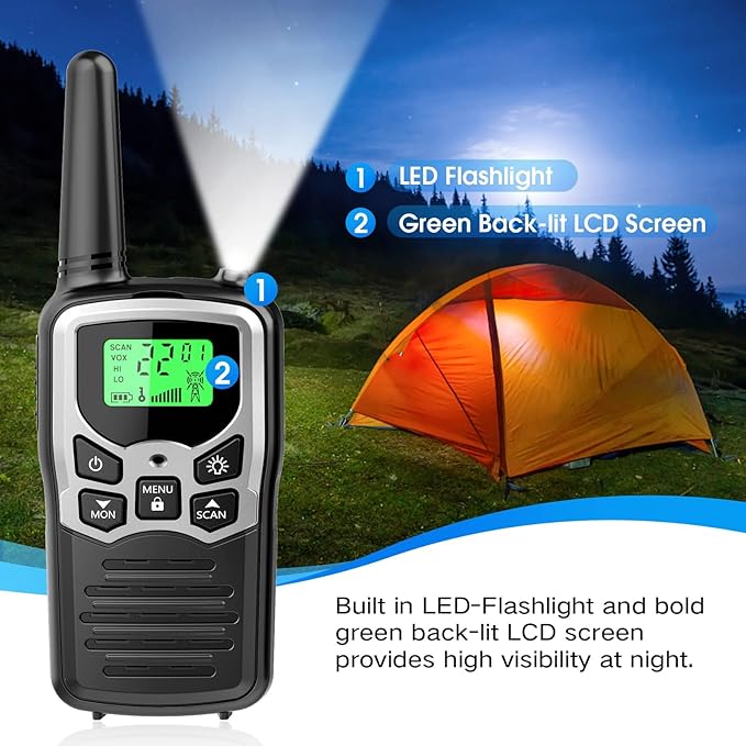 Walkie Talkies,MOICO Long Range Walkie Talkies for Adults Two-Way Radios with 22 Channels FRS VOX Scan LCD Display with LED Flashlight for Field, Survival Biking Hiking Camping 2 Pack (Silver A)