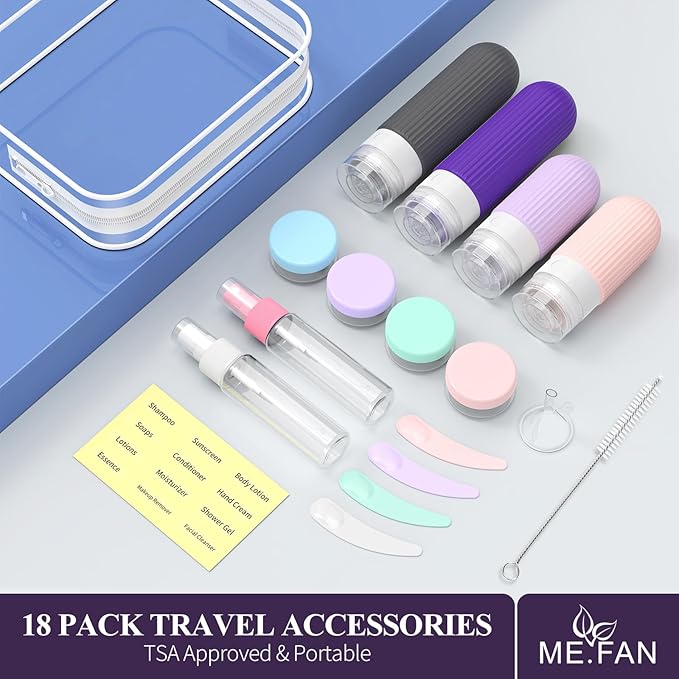 ME.FAN 18 Pack Travel Bottles for Toiletries, TSA Approved Silicone Portable Size Bottle, Refillable Cosmetic Container Kits for Conditioner, Shampoo, Lotion,Face Cream - Purple