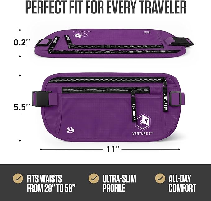 VENTURE 4TH Money Belt for Travel – Slim Hidden Under-Clothes RFID Blocking Anti-Theft Passport Holder & Travel Wallet Pouch for Men & Women to Protect Cash, Cards & Documents (Purple)
