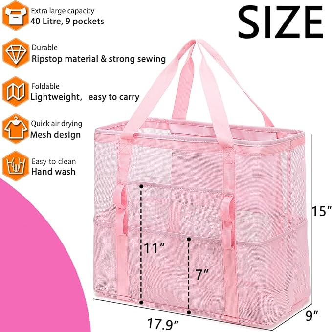 Fammart Mesh Beach Bag with Zipper, Large Beach Tote for Women, Toys Pool Swim Bag Travel Vacation Cruise Essentials