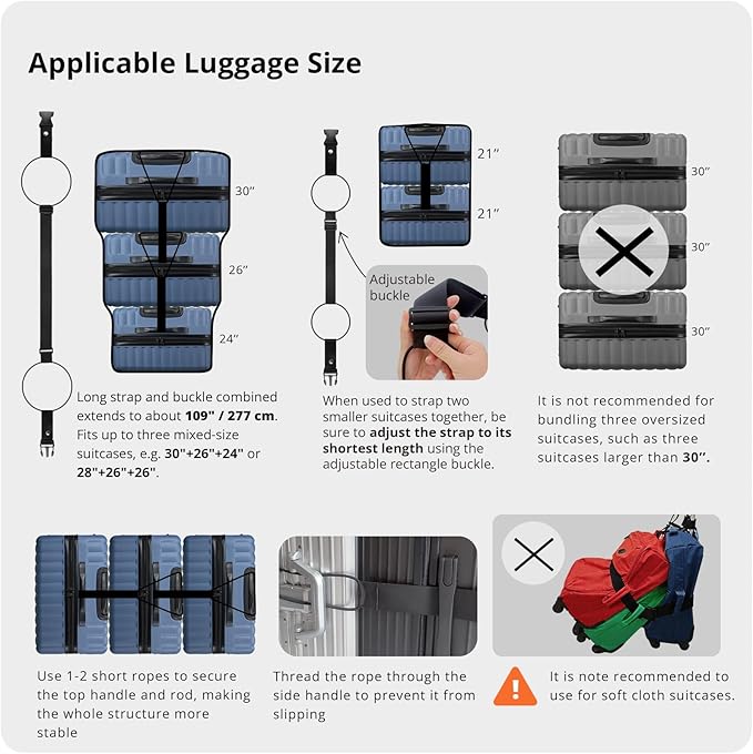 Luggage Straps 3 PCS for Suitcases TSA Approved 2 Short & 1 Long Adjustable Straps with Elastic Thick Rope for Connecting Suitcases and Bags Stably with a Strap Buckle and a Bottle Clip, Black