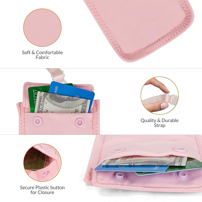 Hidden Travel Bra Wallet for Women - Money Pouch & Secret Pocket for Keys, Money & Valuables - Under Clothes Travel Pouch, Undercover Bra Stash - Pink