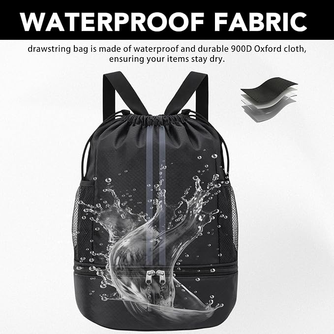 Pimoys Drawstring Backpack Gym Bag, Waterproof String Backpack with Side Mesh Pockets, Beach Bag for Basketball, Soccer, Swim, Wrestling Bag for Women Men