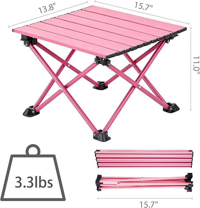 Wind Tour Roll-Up Camping Table, 4-Person Lightweight Aluminum Portable Outdoor Table with Carry Bag for Picnics BBQ Travel (15.7”x13.7”x11” | Pink)