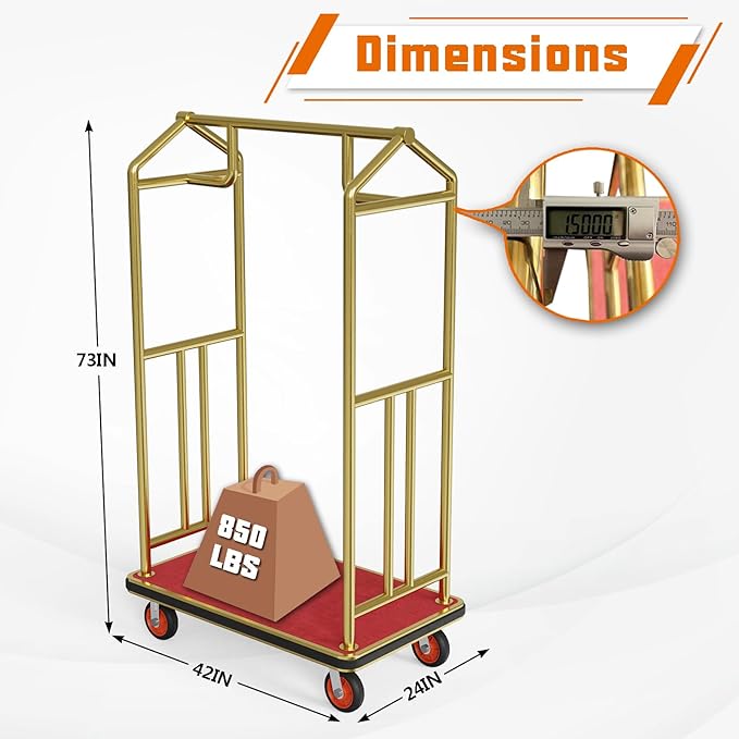 Gold Hotel Luggage Cart,42"x24" Bellman Cart with Baffle Guardrail and 6In Caster Weight Capacity Up to 850LBS Provide Convenience to Guest Gold Finished Hotel Cart Add Elegance to Hotel&Resort
