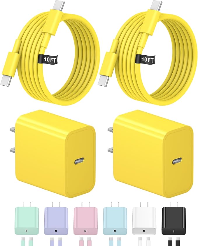 10FT iPhone 17 16 15 Charger Fast Charging USB C Charger Block Type C Chagrer Fast Charging 2-Pack for iPhone 17/17 Plus/17 Pro/17 Pro Max/iPhone 16/16 Plus/16 Pro/16 Pro Max/15/15 Pro Max(Yellow)