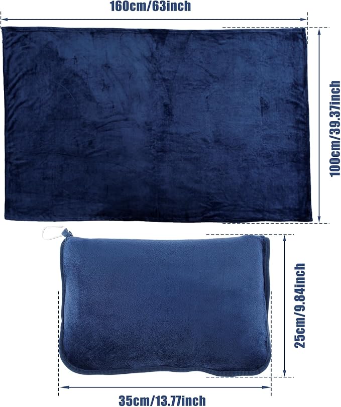 Travel Blanket, 2 in 1 Soft Flannel Airplane Blanket Warm Travel Blanket Pillow with Luggage Strap and Buckle, Portable Compact Flight Blanket for Cars Airplanes Camping 63x39 Inch (Navy)