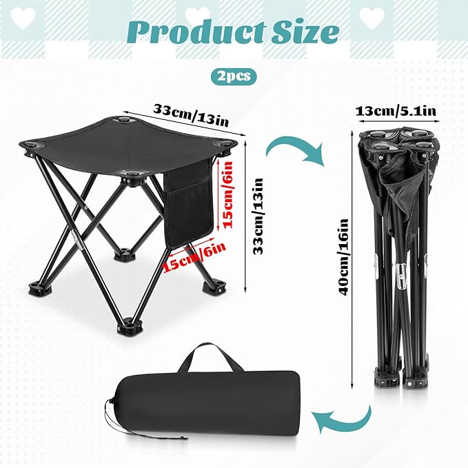 2 Pack Camping Stool 13 Inch Portable Folding Camp Stool with Side Pocket for Camping Fishing Hiking Gardening Outdoor Walking, Foot Stools with Carry Bag, Black