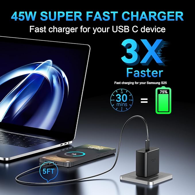 45W USB C Super Fast Charger Type C Charger Fast Charging Android Phone Charger Block with 5FT Type C Charging Cable for Samsung Galaxy S26 Ultra/S26/S26+/S25/S25 Ultra/S25+/S24 Ultra/S23 Ultra/S26