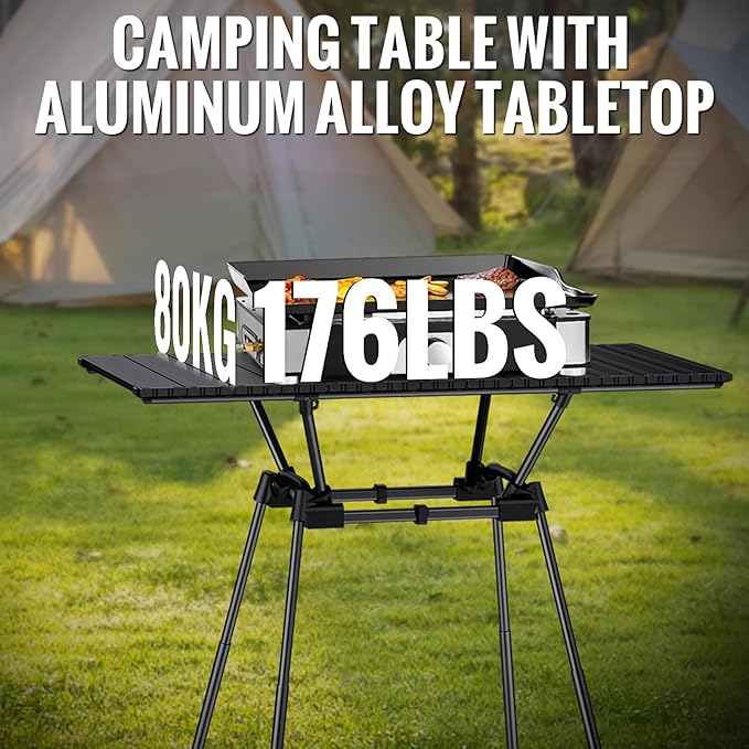 GARLLEN Folding Camping Table 176LBS Capacity, 4 Adjustable Height Roll-up Camping Table with Carrying Bag, Portable Aluminum Picnic Table for BBQ, Cooking, Outdoor, Tabletop 35" L x 16" W
