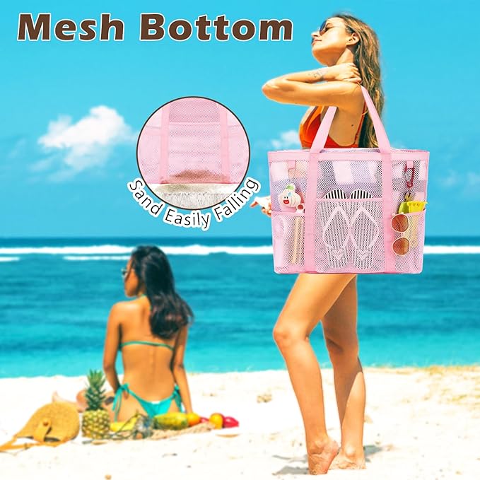 Fammart Mesh Beach Bag with Zipper, Large Beach Tote for Women, Toys Pool Swim Bag Travel Vacation Cruise Essentials