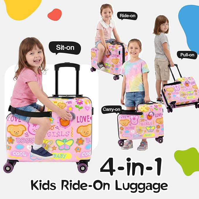 smilesun 20" Ride-On Suitcase for Kids, Cute Pattern, Lightweight Hardshell Carry-On Luggage with Double Spinner Wheels, TSA Lock for Boys & Girls (Candy Garden Pink, 20-inch)