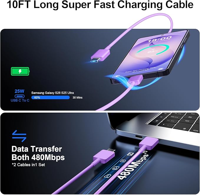 Super Fast Charger Type C, 25W USB C Wall Charger Fast Charging for Samsung Galaxy S26 Ultra/S26/S26+/S25 Ultra/S25/24 Ultra/S24/S23 Ultra/S22 Ultra with 10FT Long Android Type C Charger Cable 2Pack