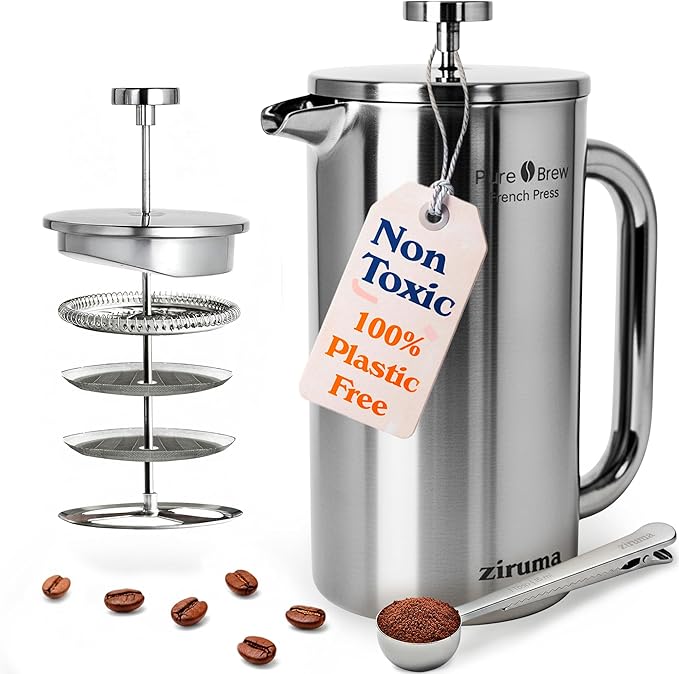 Ziruma Non-Toxic French Press, Surgical Stainless Steel Coffee Press, Plastic-Free, Heavy Metal-Free, No Endocrine Disruptors, 34 Oz, Double Wall, 4-Layer Filter, Portable Coffee Maker