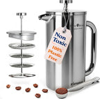 Ziruma Non-Toxic French Press, Surgical Stainless Steel Coffee Press, Plastic-Free, Heavy Metal-Free, No Endocrine Disruptors, 34 Oz, Double Wall, 4-Layer Filter, Portable Coffee Maker