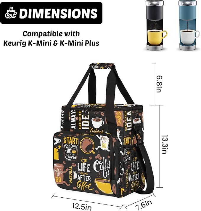 Start Your Day with Coffee Travel Bag Compatible with Keurig K-Mini, Single Serve Coffee Brewer Carrying Case Compatible for K-Mini Plus with Multiple Pockets for K-Cup Pods (Bag Only)