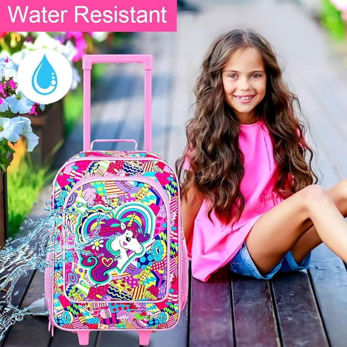 2Pcs Girls Luggage Set, 18" Kids Unicorn Carry on Suitcase with Wheels, Cute Unicorn Travel Rolling with 12" Toddler Backpack(Pink)