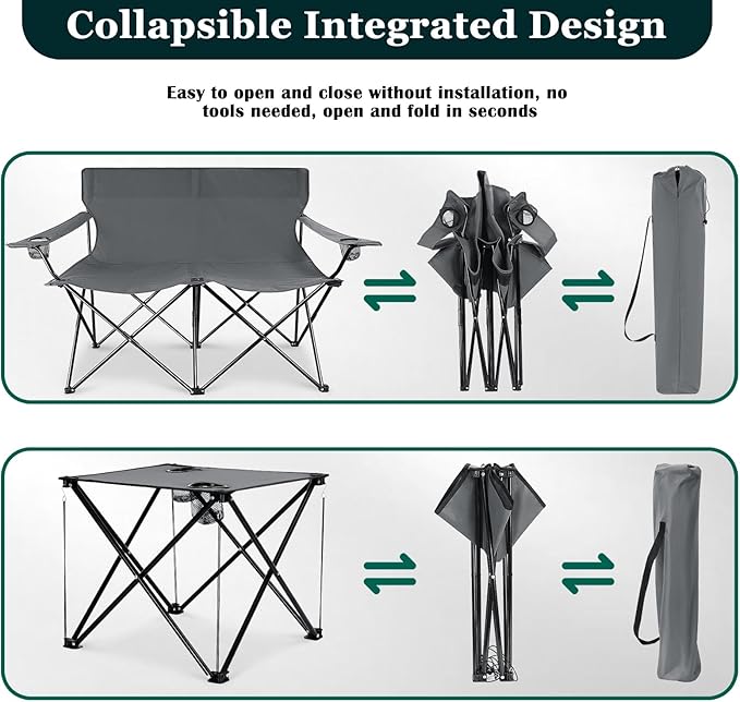Leonyo Double Camping Chair, Loveseat Camping Chair with Folding Table, 2 Person Outdoor Folding Beach Chairs for Adults, Cup Holders & Carry Bag for Outside Travel, Supports 500lbs, Grey